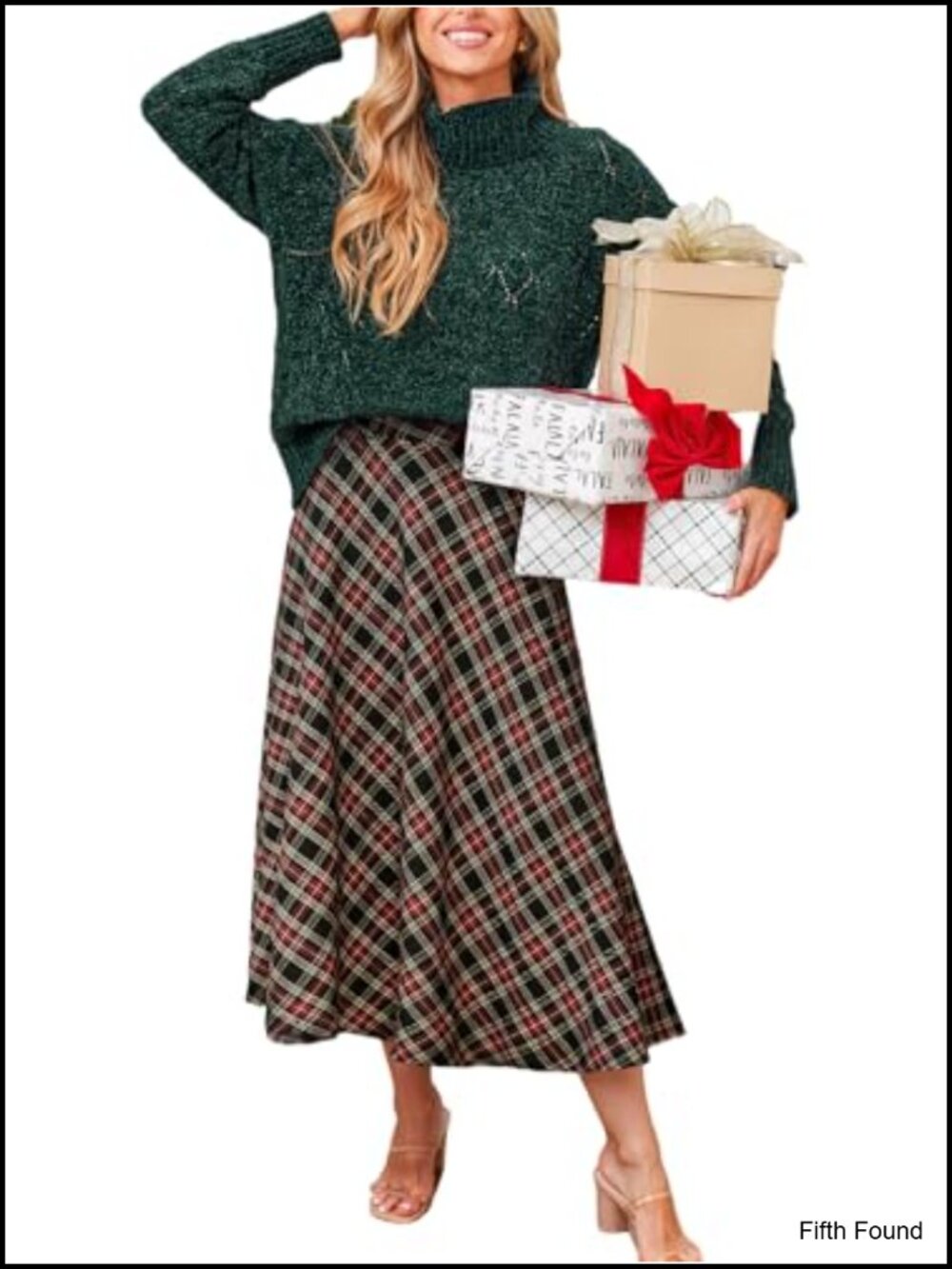 Plaid A-Line Midi Skirt High Waist Elastic Polyester Cotton